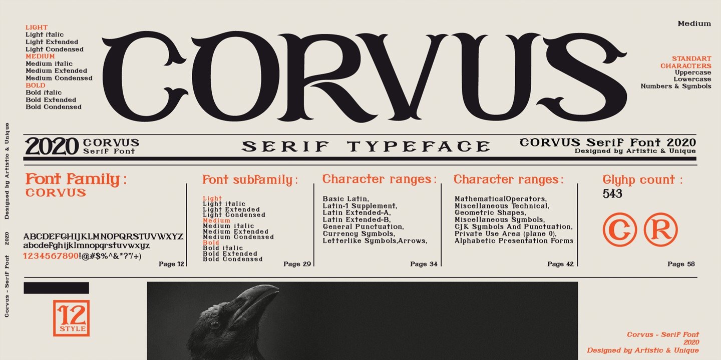 Пример начертания шрифта Corvus